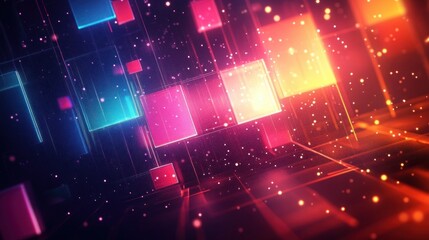 Vibrant glowing neon squares and rectangles drifting through a deep grid of light particles and lines, creating a dynamic futuristic digital atmosphere of motion and energy