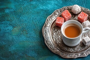 White cup of coffee on an ornate silver tray with sugar-dusted red and white jelly candies on a textured teal background, cozy and inviting still life