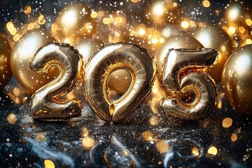 gold foil number balloons forming 205 amid sparkling bokeh lights, glitter and confetti on a reflective surface evoking a festive glamorous mood