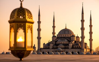 Eid ul fitr mubarak luxury islamic background with crescent moon and mosque at ramadan end