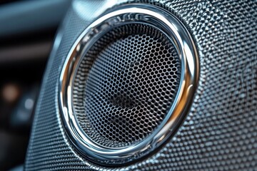 close-up of circular chrome bezel speaker with honeycomb mesh and textured panel in car interior, sleek modern premium feel