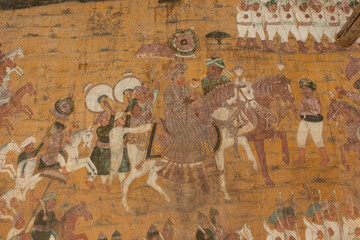 Fototapeta premium India, Karnataka, Mysuru, Beautiful Mural Paintings of Tipu Sultan Going to War With His Arm force. the late 18th Century Paintings.