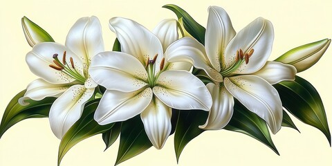 Three elegant white lilies with green leaves and unopened buds on a soft pale background, serene and peaceful floral arrangement