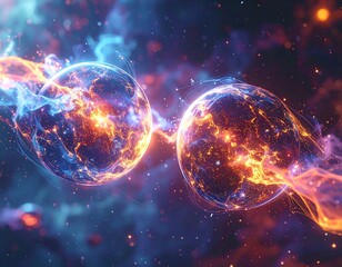 Two fiery orbs connected by energy, surrounded by nebulae