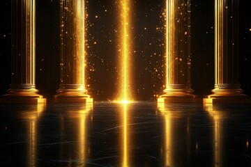 Four gilded classical columns flanking a central radiant beam of golden light over a reflective dark marble floor, sparkling particles creating a majestic ceremonial and mystical atmosphere