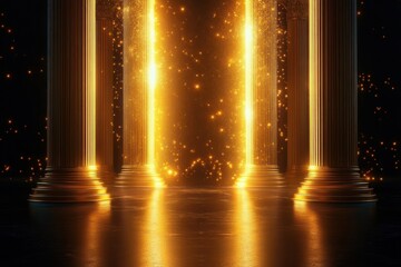 majestic golden pillars glowing with cascading light and floating sparks in a reflective dark hall conveying awe and mystery