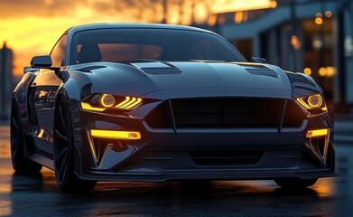 Sleek black sports car front view with glowing amber headlights on wet street at sunset reflecting warm city lights, powerful aggressive and moody urban scene