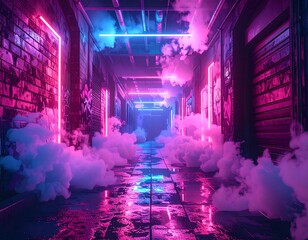 Neon lit alleyway filled with clouds and vibrant colors