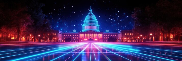 neon-lit neoclassical domed government building at night with glowing retro-futuristic grid, starry sky, tree-lined avenue and surreal awe-inspiring atmosphere