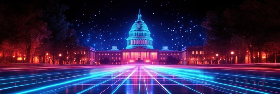 neon-lit neoclassical domed government building at night with glowing retro-futuristic grid, starry sky, tree-lined avenue and surreal awe-inspiring atmosphere