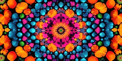 vibrant kaleidoscopic floral mandala of neon orange pink blue and green petals on a black background conveying joyful energetic mood
