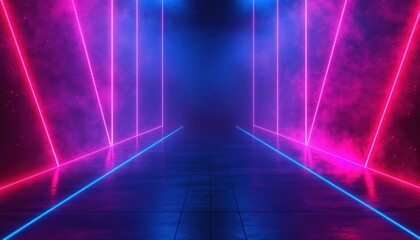 futuristic neon corridor with glowing pink and blue vertical lights, fog and haze, reflective tiled floor and centered vanishing perspective conveying mystery and anticipation