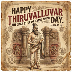 Fototapeta premium Thiruvalluvar Day Celebration with Sage Poet Thiruvalluvar and Ancient Sculptures Happy Thiruvalluvar Day