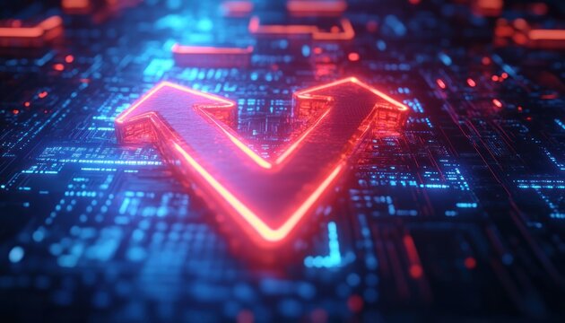 red glowing split arrow on illuminated blue circuit board, neon circuitry with a dynamic futuristic energy
