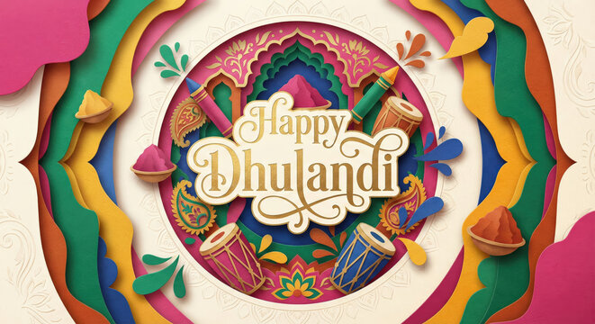 Dhulandi Festival Celebration with Colorful Paper Cutouts, Drums, and Colors Happy Dhulandi Holi