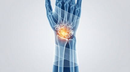 Wrist Pain, Detailed Human Hand Anatomy, a Medical Illustration Highlighting an Injured Joint with Glowing Bones and a Supportive Mesh Wrap.