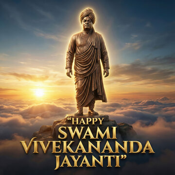 Statue of Swami Vivekananda on a rocky peak above clouds at sunset, celebrating his Jayanti sculpture