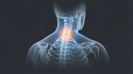 Neck Pain, Human Spine Anatomy, a translucent medical illustration with an orange glow indicating cervical and upper back discomfort.