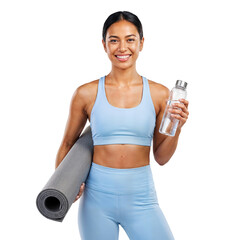 Happy athletic woman in blue sportswear holding a yoga mat and water bottle, ready for a healthy workout on an isolated transparent background.