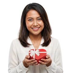 Joyful Asian woman holding a red heart-shaped gift box, expressing love and happiness on an isolated transparent background.
