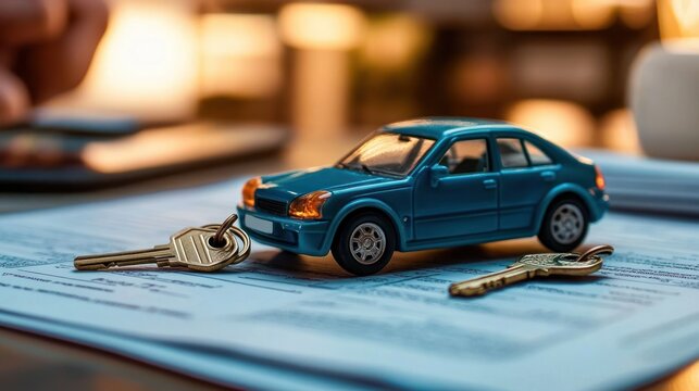 small blue model car on paperwork with two keys on a desk, warm bokeh lighting conveying excitement and anticipation of a new vehicle