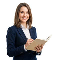 Happy Caucasian businesswoman writing notes in a notebook with a pen on an isolated transparent background.