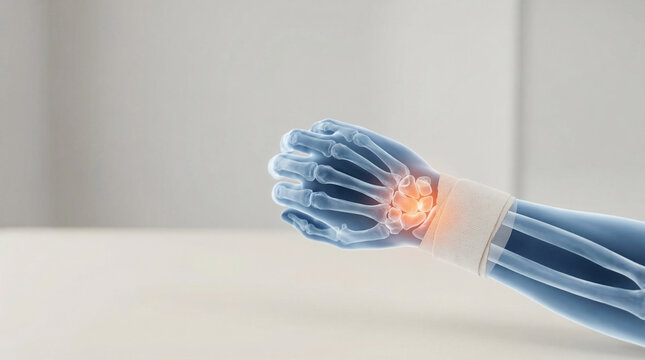 Wrist Pain, an X-ray View of Human Hand Bones with Inflammation and a Bandage, a Medical Illustration of Injury
