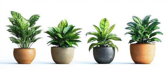 Obraz premium Four potted green houseplants in different ceramic pots on a white background, fresh minimalist arrangement evoking calm natural vitality