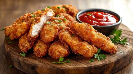 Crispy golden fried chicken tenders piled on a wooden board with fresh parsley and a bowl of red dipping sauce, warm, appetizing and comforting