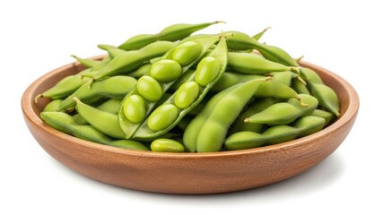 Fresh edamame in a wooden bowl isolated on white background