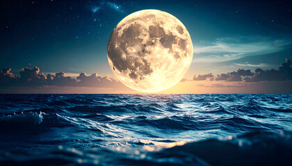 Giant luminous moon rising above dynamic ocean waves, blending fantasy and realism, with dramatic lighting, rich colors, and a cinematic night seascape mood.