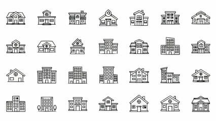 Collection of Diverse Building Icons Representing Various Architectural Styles.