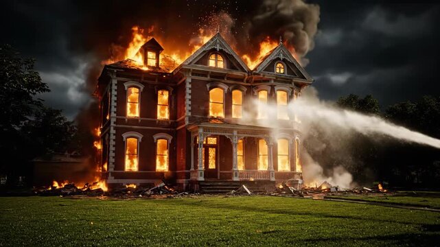 Dramatic scene of a red brick house ablaze, with intense orange flames, thick smoke, and a water hose attempting to extinguish the fire on the grassy field.