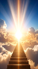 A luminous staircase floating among clouds leads toward a bright light in the sky, representing ambition, progress, and an inspiring journey into the unknown.