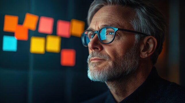 Older man in profile with grey hair and stubble looking toward a wall of colorful sticky notes, thoughtful and focused in a dimly lit workspace