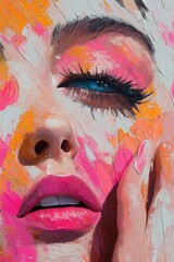 Close-up painted portrait with colorful impasto brushstrokes, closed eye and long lashes, hand with pink manicured nail touching cheek, vibrant and contemplative expression