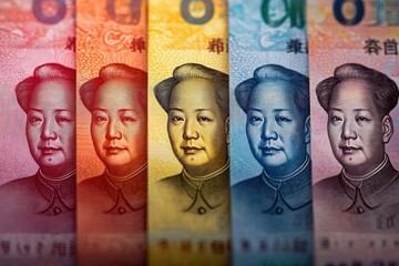 Five vertically aligned colorful banknotes in a warm-to-cool gradient forming a vibrant repeating pattern and sense of value