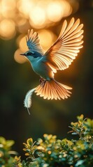 Fototapeta premium Graceful turquoise bird hovering with outstretched glowing wings, clutching a soft white feather above sunlit green foliage, serene golden backlit bokeh
