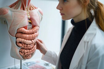 medical professional in white lab coat examining an anatomical torso model with exposed muscles and detailed intestines, conveying focused curiosity and clinical study