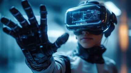 person in futuristic suit wearing a virtual reality headset and haptic glove reaching forward in blue neon light, immersive and focused sense of exploration