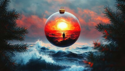 Solitary silhouette standing inside a glowing glass ornament above a stormy ocean at sunset, fiery sky reflected in the bauble, framed by pine branches, evoking wonder and solitude