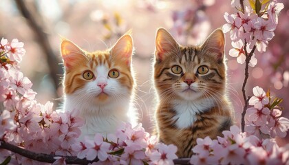 Two fluffy kittens, one orange and white and one brown tabby, sitting among pink cherry blossoms with curious wide-eyed expressions in warm soft spring sunlight