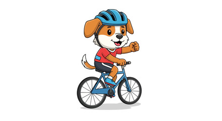 Naklejka premium Happy brown and white dog character with a blue cycling helmet on a bike pedaling forward on a white background with a cheerful expression and a raised hand