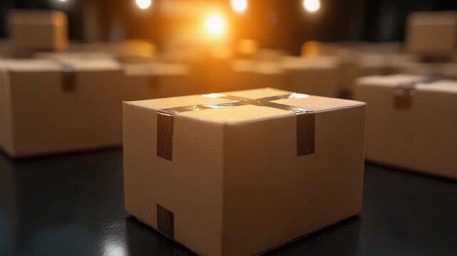 Cozy brown cardboard box package and shipping tape parcel glossy warehouse floor with warm light