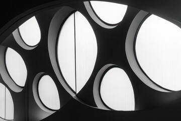 interior curved wall with multiple circular porthole windows and frosted glass, high-contrast black and white geometric composition conveying calm and contemplative mood