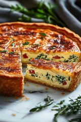 golden baked savory quiche with creamy egg custard, spinach and tomato pieces in a flaky crust, sliced serving on a rustic table with fresh herb garnish, warm and inviting