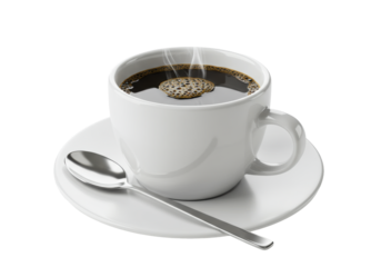 Pristine glossy white ceramic cup with steaming dark black coffee, espresso crema, on matching saucer with silver teaspoon, on transparent background. Concept for premium coffee advertising