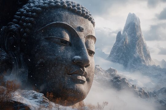 snow-covered stone meditation statue head beside misty jagged mountain peaks in a serene, contemplative winter landscape - Powered by Adobe