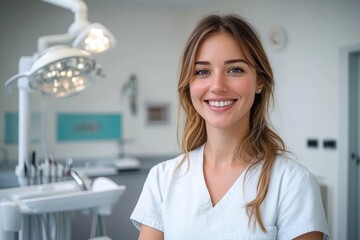 female dental professional in white scrubs standing in a bright modern dental clinic beside overhead dental light and equipment with a calm confident demeanor