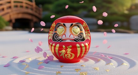 a red Daruma doll with gold decorations on a sand surface with pink petals